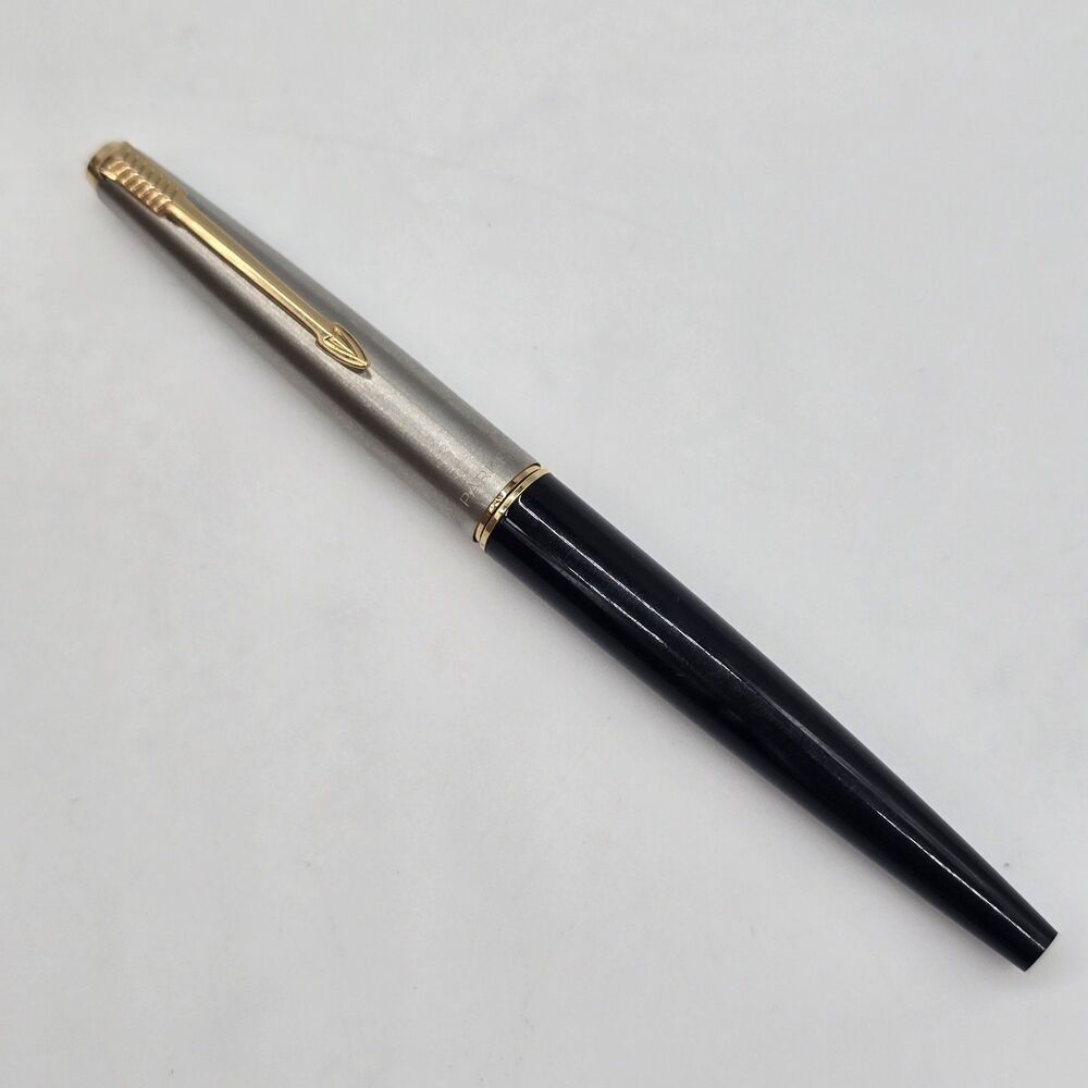 Vintage Parker 45 Fountain Pen Stainless Cap, Gold Trim, Black Resin Barrel 60's